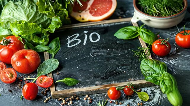 fresh vegetables on the table plate for text with the inscription bio