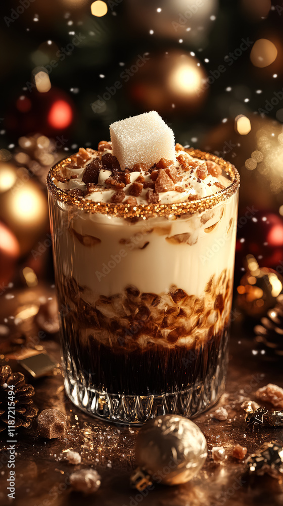Poster glass of coffee with a sugar cube on top. the sugar cube is floating in the coffee, creating a sweet