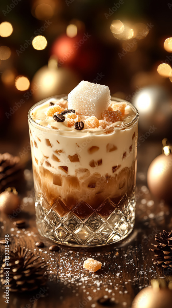 Poster glass of coffee with a sugar cube on top. the sugar cube is floating in the coffee, creating a sweet