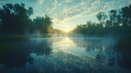 Serene Sunrise Over Misty Lake with Reflections and Lush Trees