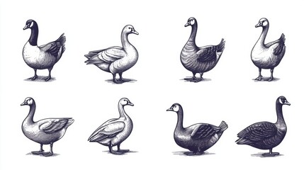 Illustrations of Various Goose and Duck Species on White Background