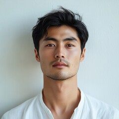 Obraz premium man with smooth skin wearing a white shirt standing in front of a minimalist white wall calm expression close-up of his face