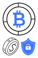 Bitcoin logo in circle, dollar coin, and shield with lock emphasizing digital currency, security, blockchain, and decentralization. Ideal for fintech, finance, innovation digital economy