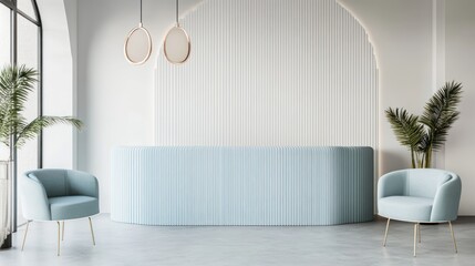 Modern blue reception desk in stylish lobby