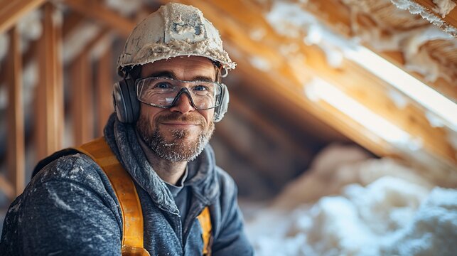 Smiling construction worker in attic.
