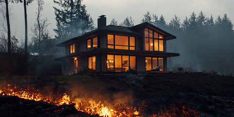 Modern home during a wildfire natural disaster.