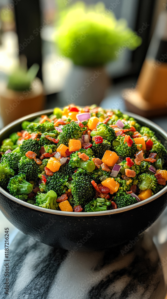 Poster bowl of broccoli and bacon salad sits on a marble countertop. the salad is colorful and appetizing, 