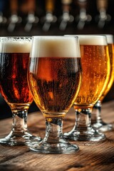 Golden beers in elegant glasses showcase rich colors and creamy