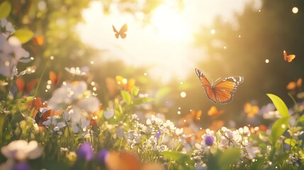 Monarch Butterfly in Sunny Spring Meadow with Flowers