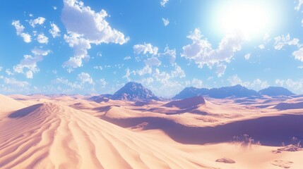 Naklejka premium Sunny desert landscape with sand dunes and mountains under a blue sky.