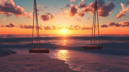 A beachside swing swaying gently in the breeze as the sun sets over the horizon