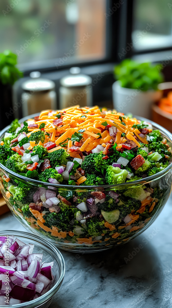 Poster bowl of broccoli and bacon salad sits on a marble countertop. the salad is colorful and appetizing, 