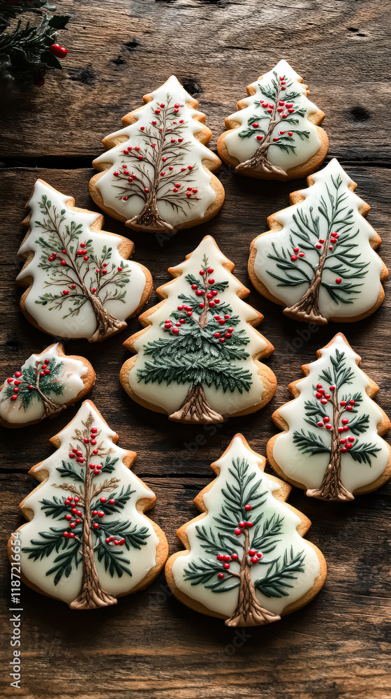 Poster row of christmas cookies with trees on them. the cookies are decorated with icing and berries. the c