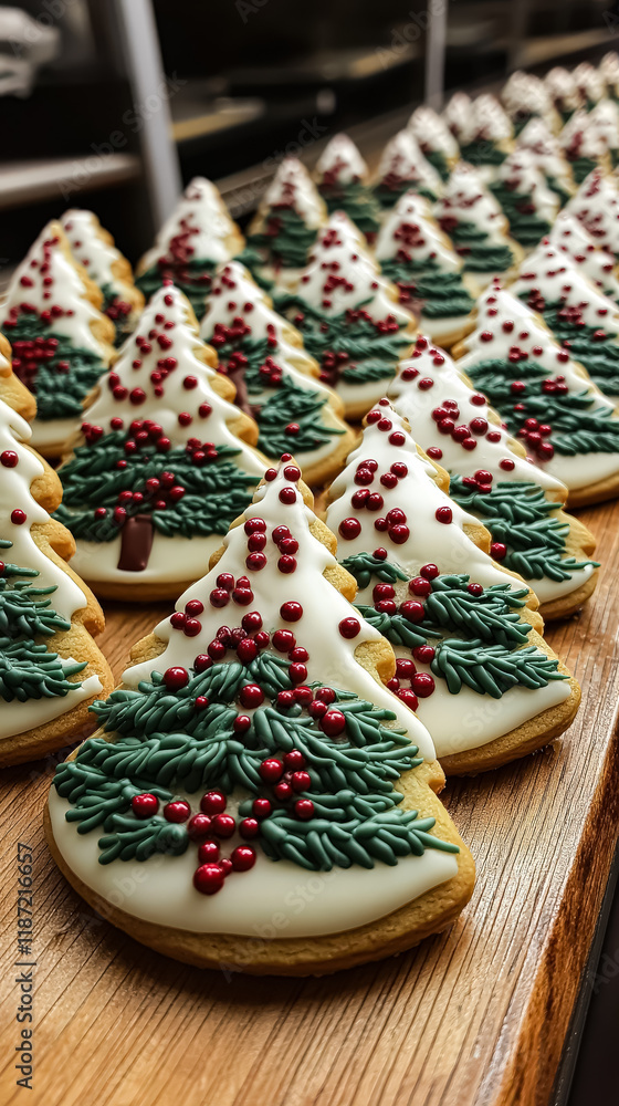 Aufkleber row of christmas cookies with trees on them. the cookies are decorated with icing and berries. the c