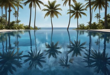 Reflections of palm trees in deep blue pool water, tranquil, serene, pool