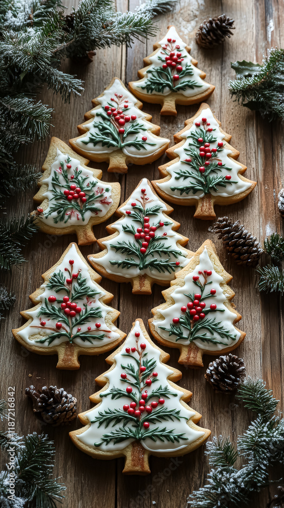 Poster row of christmas cookies with a tree on top of each one. the cookies are decorated with red berries 
