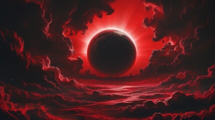 A dark red, almost blood-red, alien landscape.  A massive, dark sphere, like a planet, is centrally positioned, casting a dramatic, rayed light effect on the surrounding, turbulent, cloud..