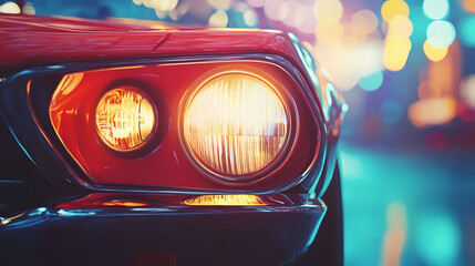 Closeup of a classic car's headlights with bokeh lights in the background. Meadowlight. Illustration