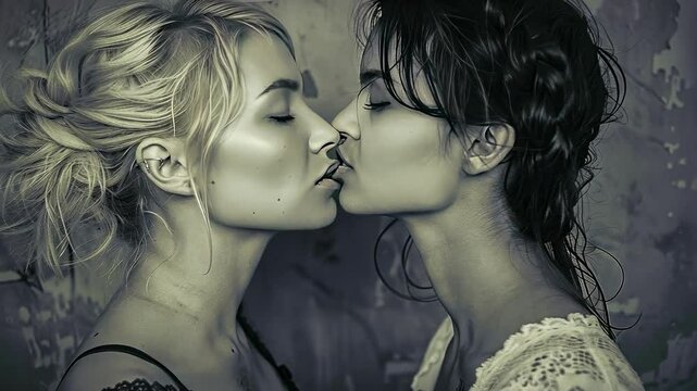 two women kissing close-up. Selective focus