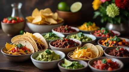 Colorful taco bar setup featuring soft tortillas filled with a variety of toppings for a taco recipe including spiced beef salsa guacamole shredded cheese and a squeeze of lime