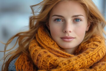 red haired woman wearing large orange knitted scarf looking at the camera in a soft winter breeze with gentle expression concept of fashion style advertisement