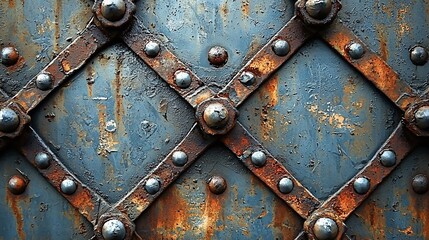 Fototapeta premium Rusted metal gate with cross pattern and rivets.