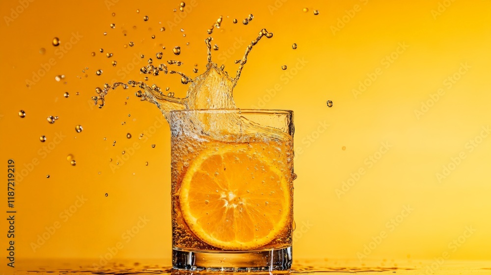 Poster orange slice falling into glass of sparkling water creating refreshing splash on vibrant yellow back