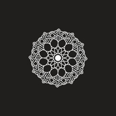 Vector mandala floral round pattern, white color on black background.