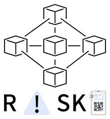 Network of interconnected cubes representing blockchain. QR code on security card and exclamation mark in triangle emphasizing risk. Ideal for cybersecurity, blockchain education, fintech, risk