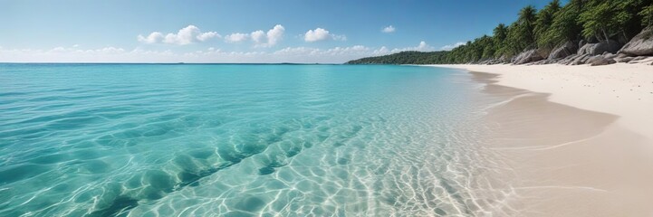 Sandy beach with crystal clear water and blue sky, secluded, coastline, tropical