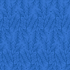 outlines of leaves and twigs on an endless background. solid blue pattern with leaves and dots.