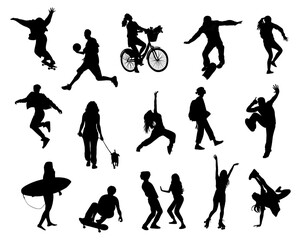 Silhouettes of young people, teenagers performing different activities, dancing, roller skating, walking dog, skateboarding, playing basketball. Vector drawings isolated on transparent background.