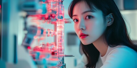 Futuristic Korean Workshop Woman Engages with Neon Robotics in Minimalist Setting