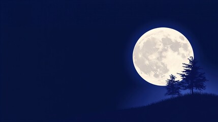 Serene night scene with a large full moon illuminating silhouetted trees on a hill.