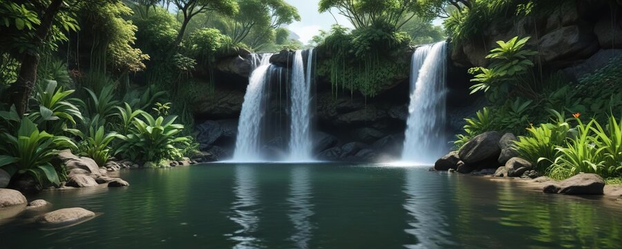 Scenic view of the waterfall and pond in Kapaa, nature, lush, waterfall, scenic