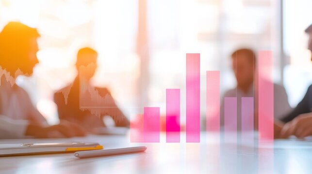 Abstract Silhouette Meeting with Floating Pastel Financial Graphs