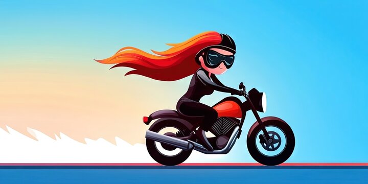2D animation woman riding motorcycle 