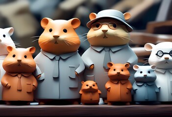 A group of cartoon-style hamsters wears different colored coats, showcasing a charming array of characters. They are posed closely, creating a whimsical and fun atmosphere.