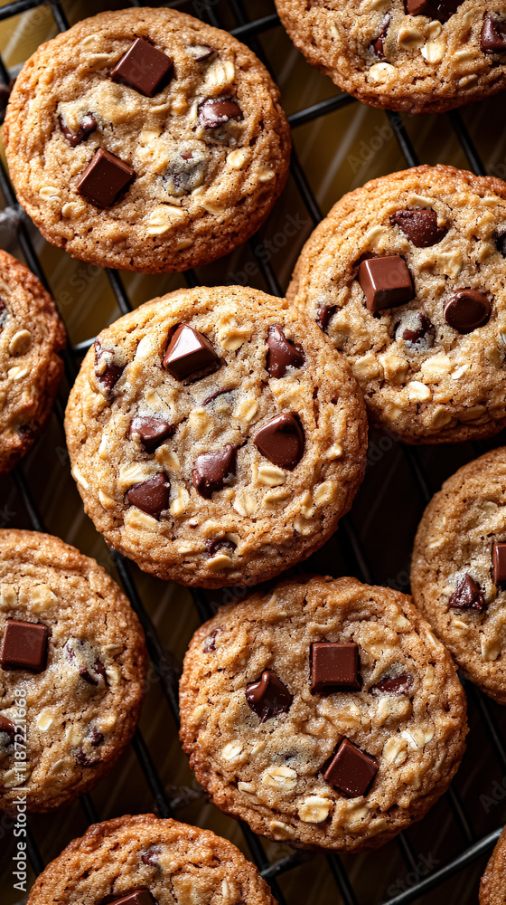 Poster close up of a tray of chocolate chip cookies. the cookies are all different sizes and are arranged i