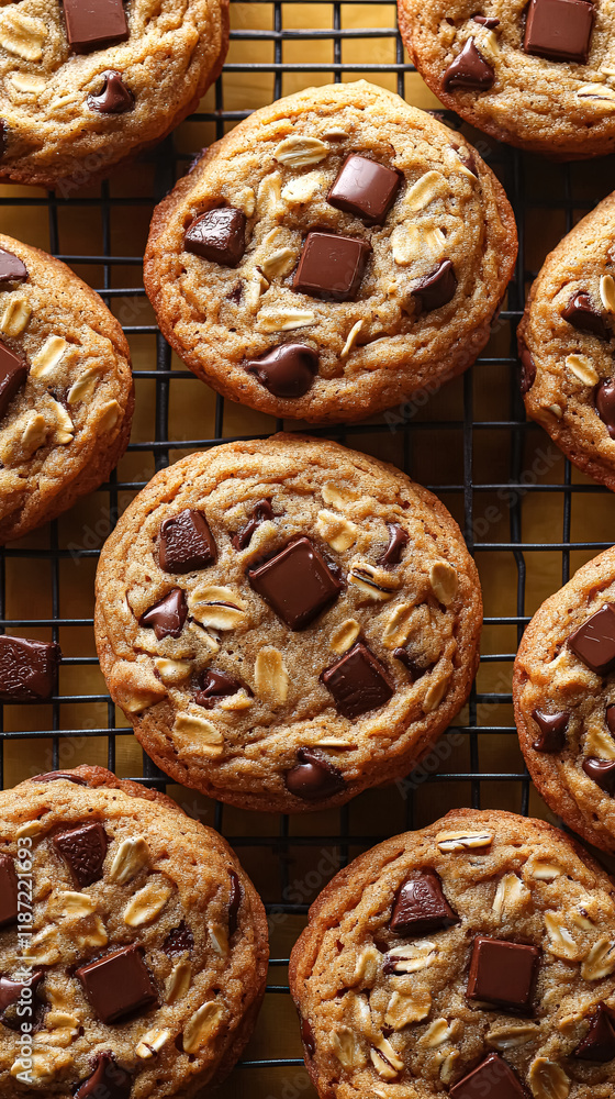 Poster close up of a tray of chocolate chip cookies. the cookies are all different sizes and are arranged i