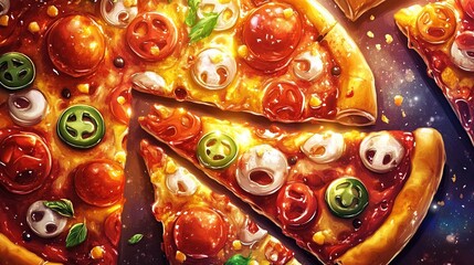 Delicious pizza with three slices cut out, showing melted cheese, tomatoes, mushrooms, corn, and jalapenos.