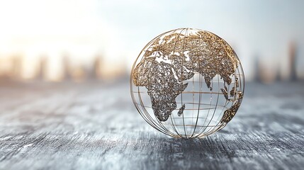 Glass globe, city backdrop, global network, sunrise