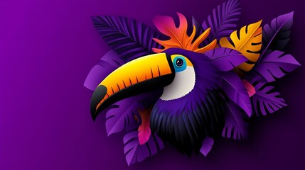 Vibrant toucan portrait amidst purple tropical leaves.  A striking illustration in bold colors.