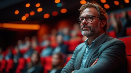 Fototapeta premium Thoughtful man in glasses sits in a theater audience, arms crossed, listening attentively.