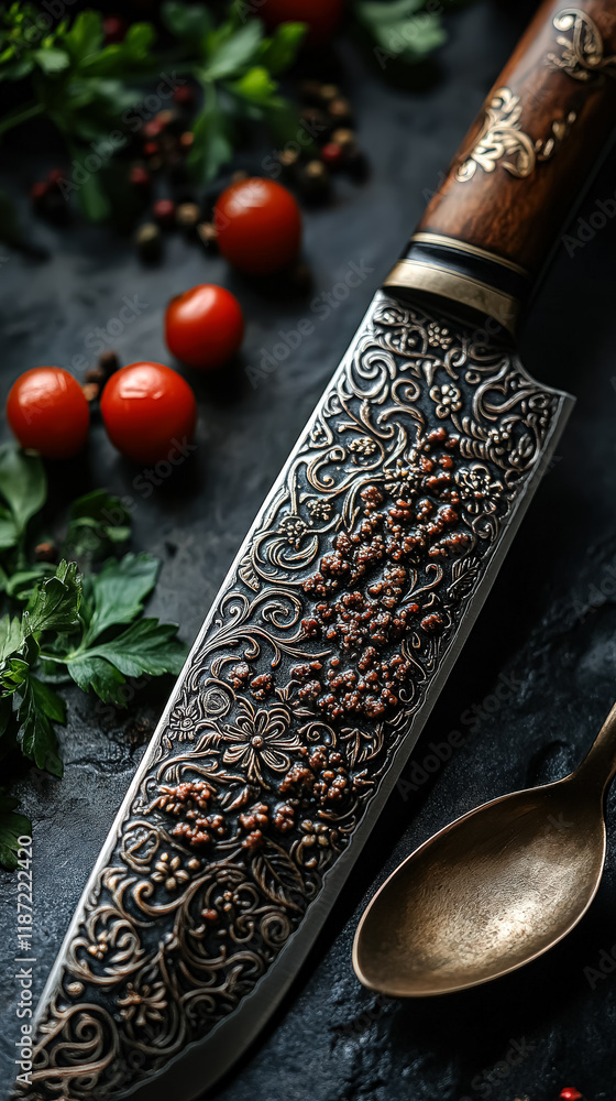 Poster knife with a handle and a spoon on a table with a bunch of tomatoes and parsley