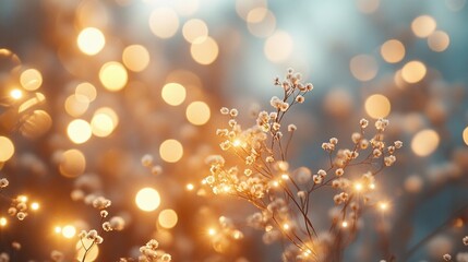 Soft golden bokeh lights blending smoothly into vivid floral tones, evoking warmth and serenity, book illustration style