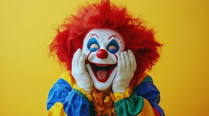 Obraz premium Joyful clown expresses excitement with colorful outfit against vibrant yellow background