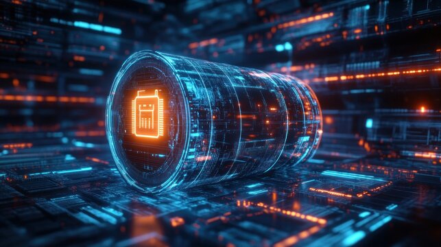 Holographic battery icon on circuit board in digital space.