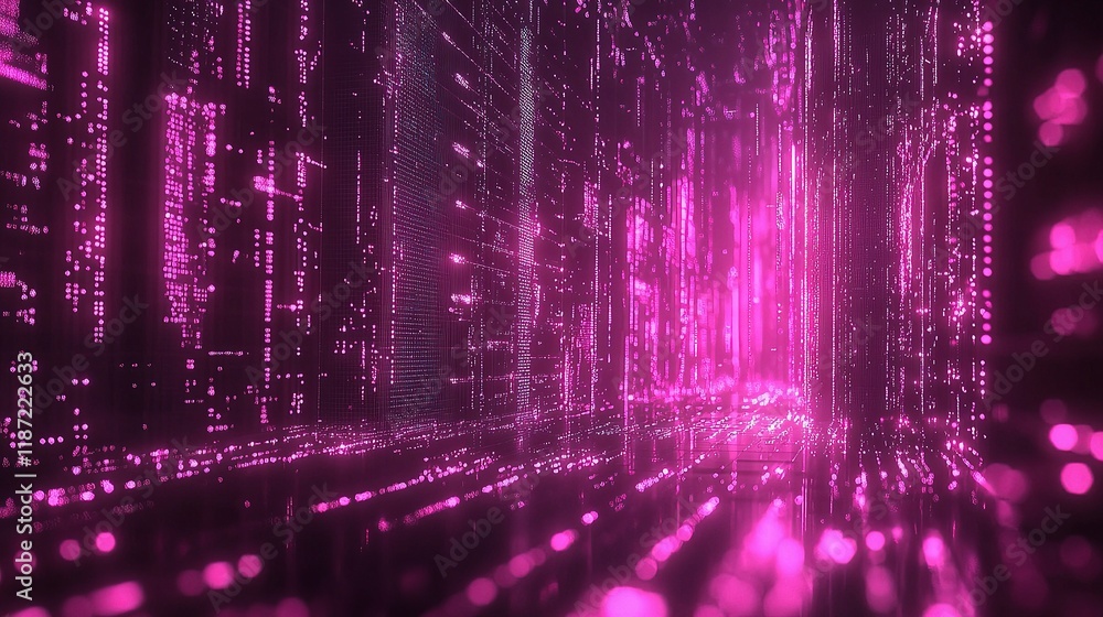 Poster digital data analysis in cyberspace with pink light lines