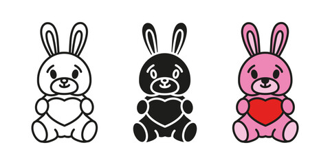 Rabbit holding heart icon. Cute bunny toy with heart vector illustration. Valentine gift or present symbol. Romantic love adorable animal character. Pink easter bunny rabbit sign. Cheerful teddy bear.
